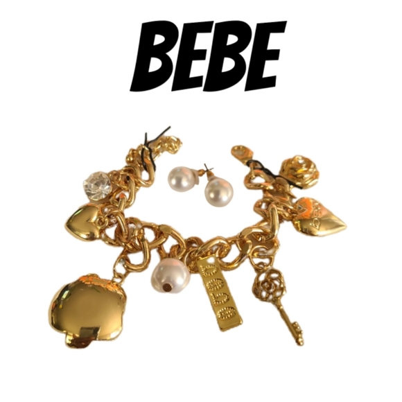 bebe Jewelry - BEBE WHITE GOLD CHARM BRACELET  & PEARL EARRINGS